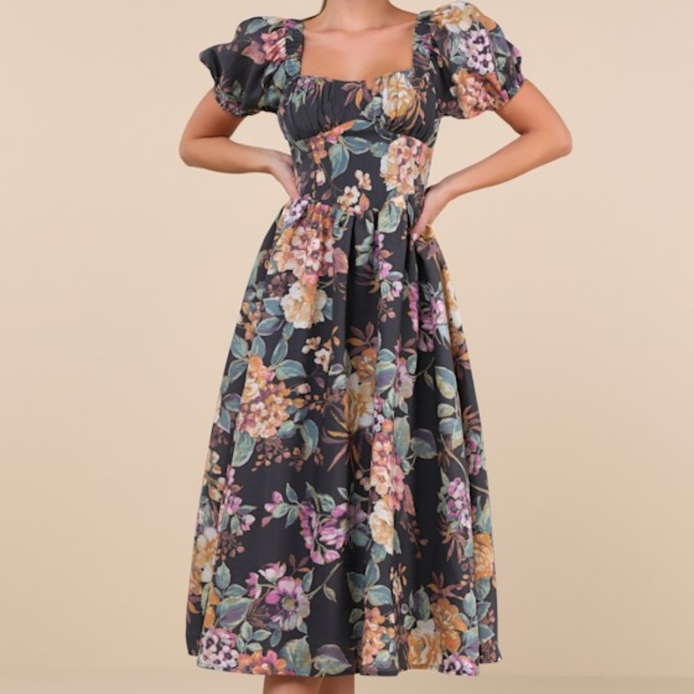 Lulus Adorable Tendencies Dark Grey Floral Puff Sleeve Midi Dress - Size M